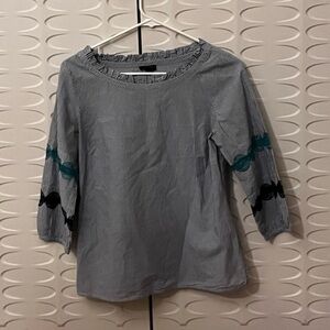 Talbots Blue Pinstripe Blouse with Teal Floral Embroidery, Women’s Size SP